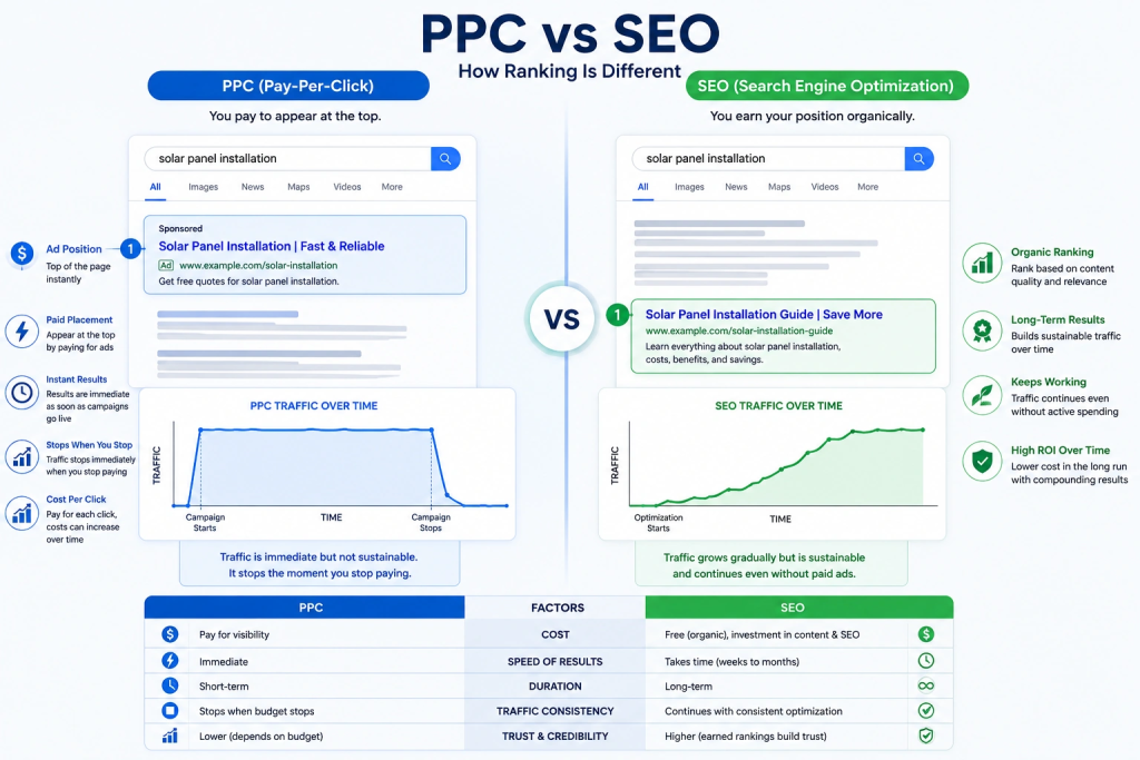 How Is Ranking Different When Comparing PPC vs SEO? (2026 Guide) 1 PPC vs SEO: Learn how ranking differs between paid search and organic results, including placement, cost, speed, visibility, and long-term impact.